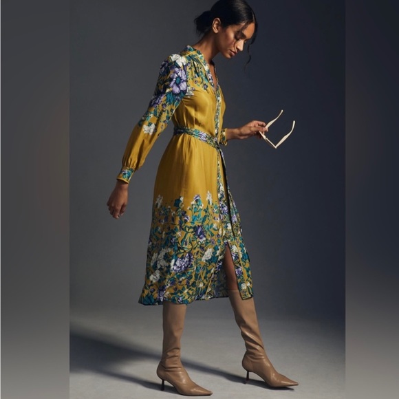 By Anthropologie Midi Shirt Dress in Yellow Gold and Blue Floral- Size Small - Picture 4 of 9